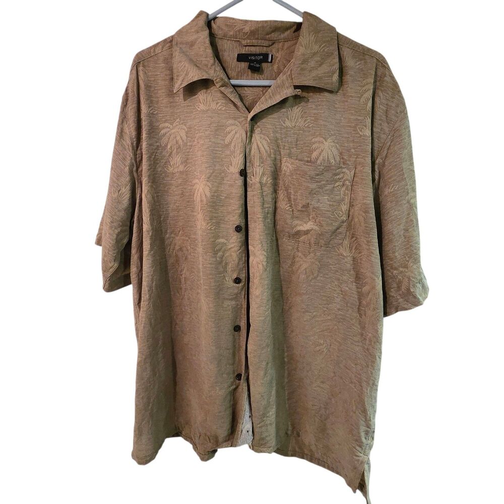 VISITOR Mens XL Silk Camp Shirt Tan Khaki Jacquard Palm Tree Hawaiian Resort